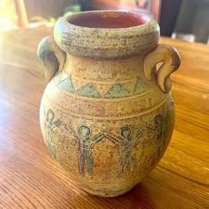 Vintage Bohemian Olive Jar Egyptian Clay Geographic Vase 7.5 T 3” Opening 5.5 W